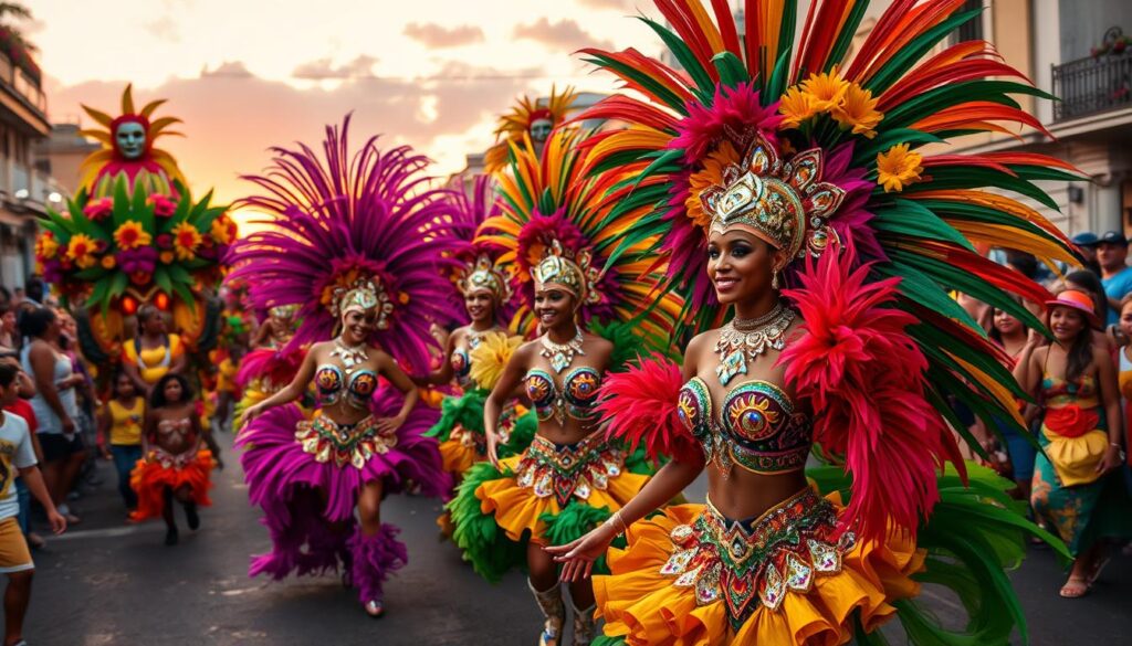 Vibrant Carnival parade in Brazil showcasing colorful costumes and lively music.