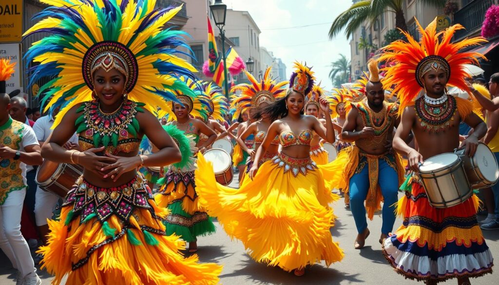 Samba dancers performing at the Carnival in Brazil, celebrating cultural traditions.